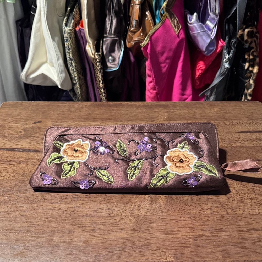 Avon Embroidered Brown Clutch